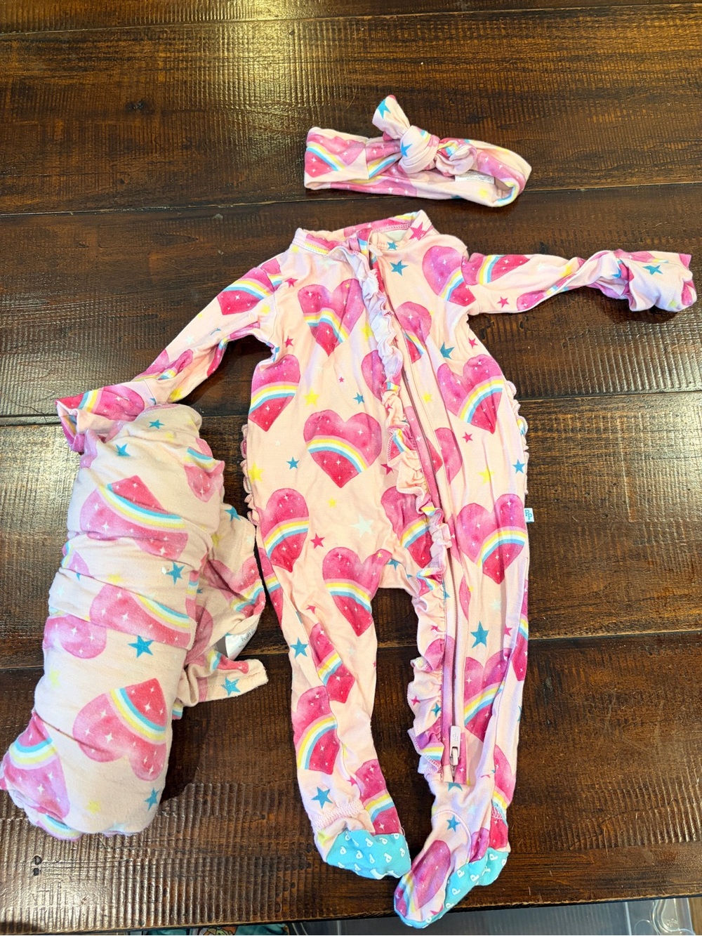 Posh peanut Pink Rainbow Heart One-Piece with Headband and swaddle blanket